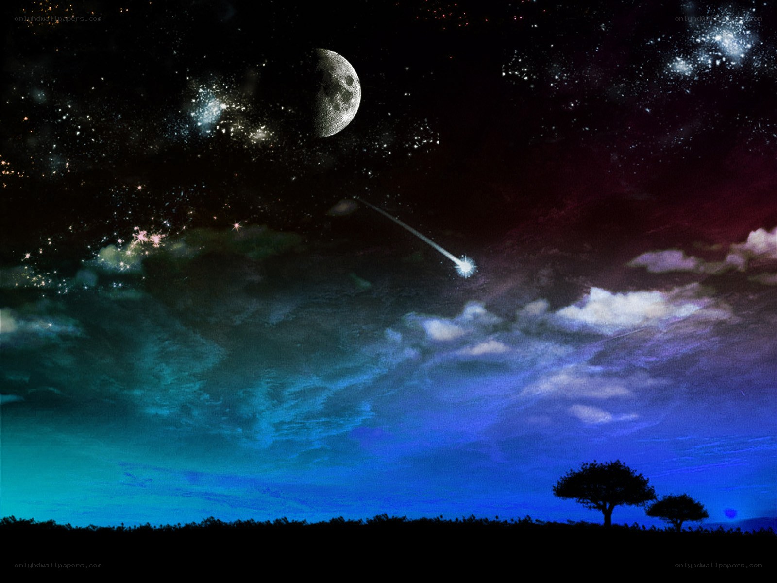 Starry night with meteor and moon