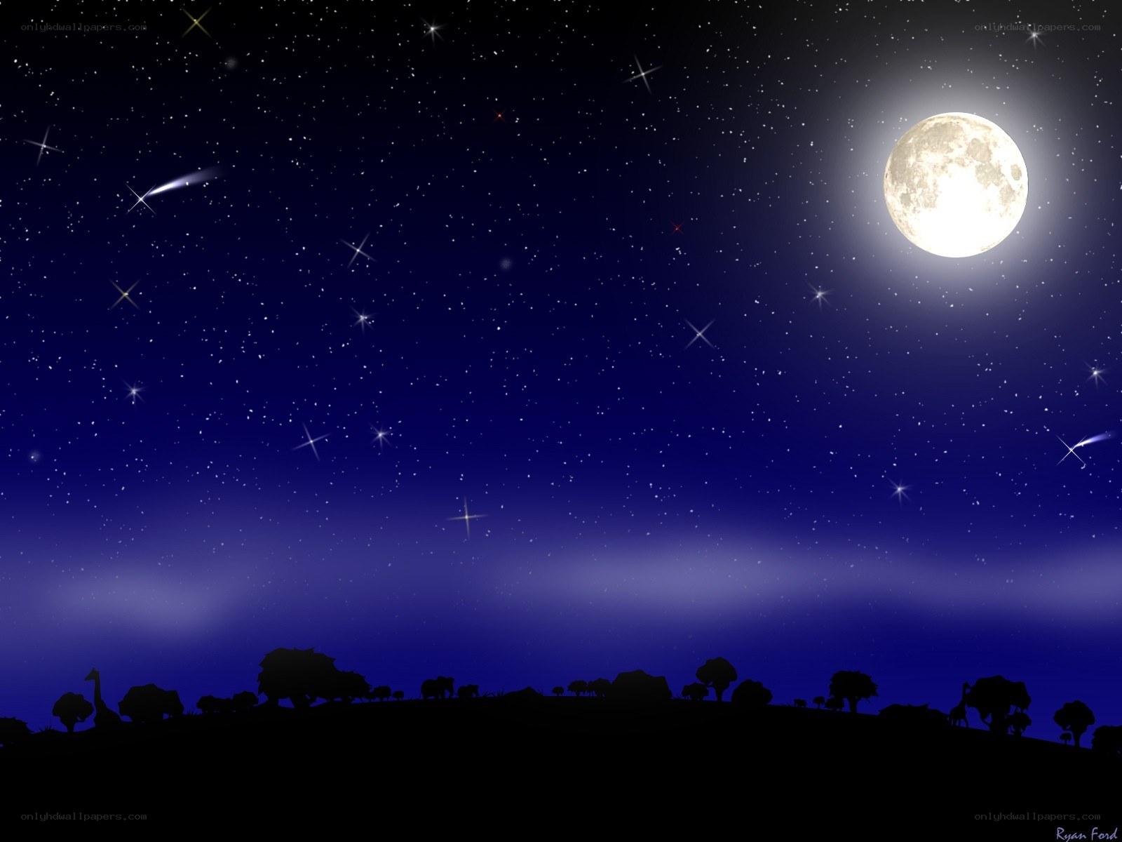 Starry night with moon and meteor