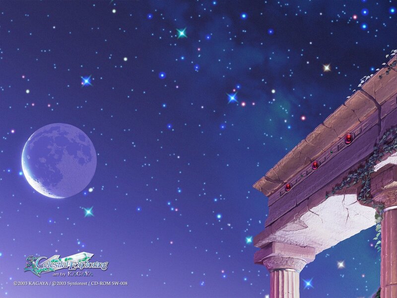 Starry night with moon and ruins