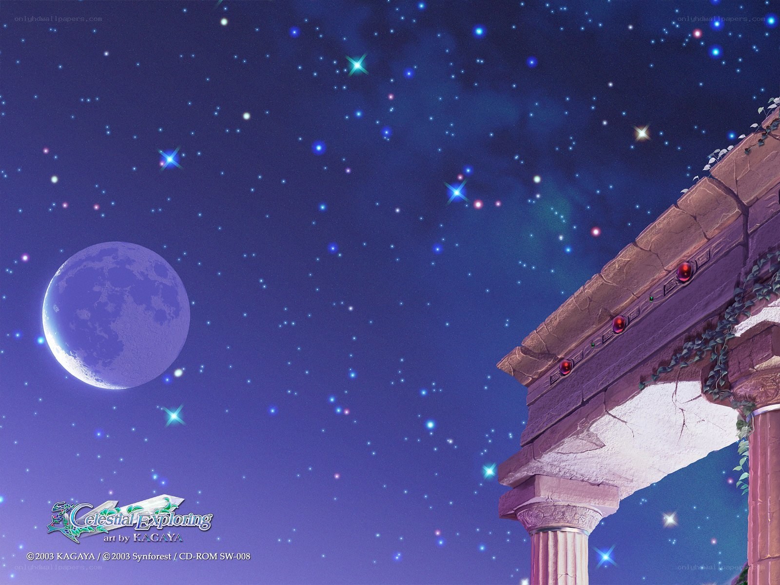 Starry night with moon and ruins