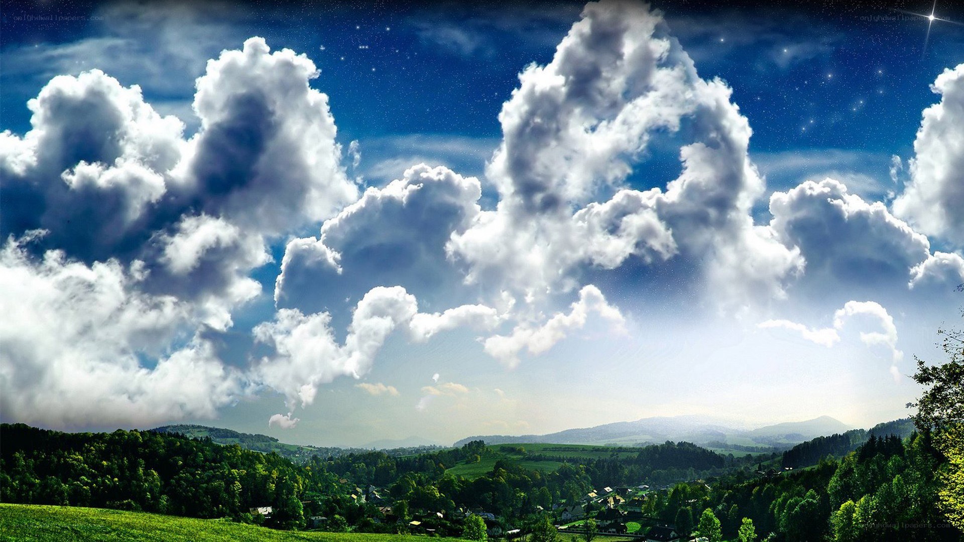 Starry sky over green hills