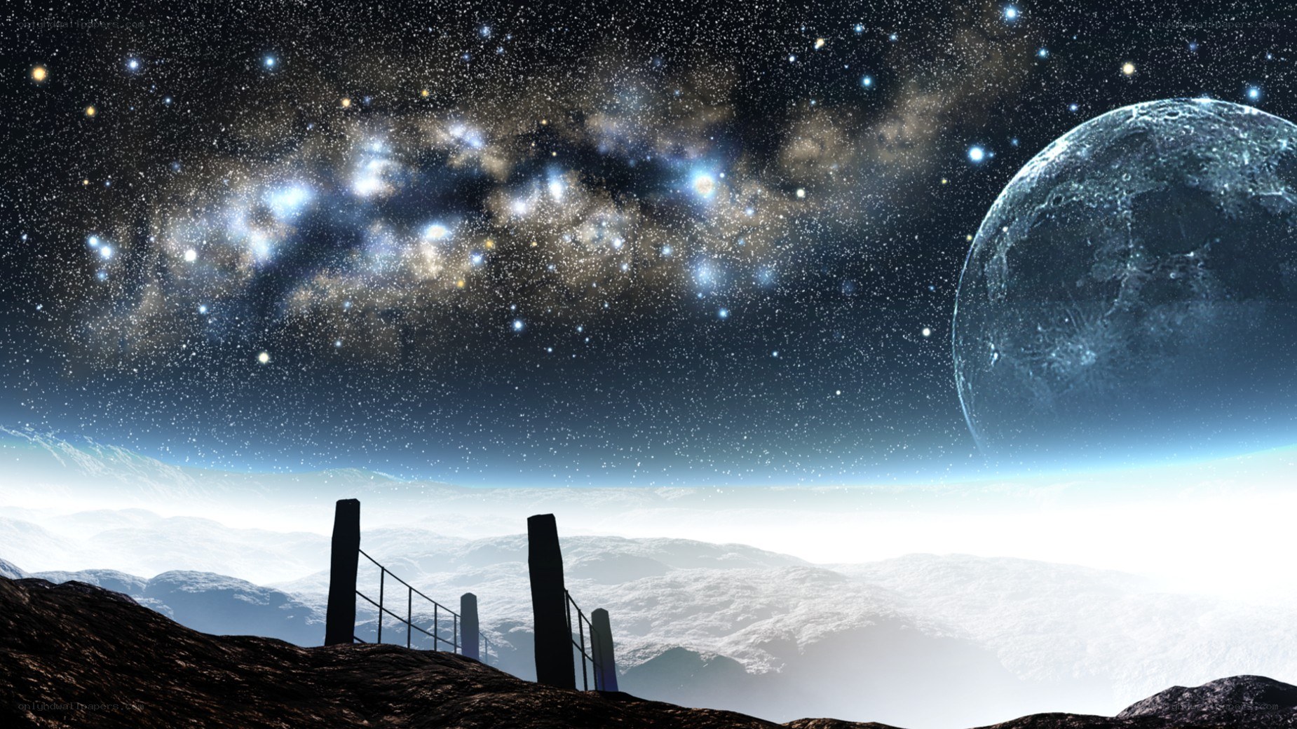 Starry sky with planet and bridge