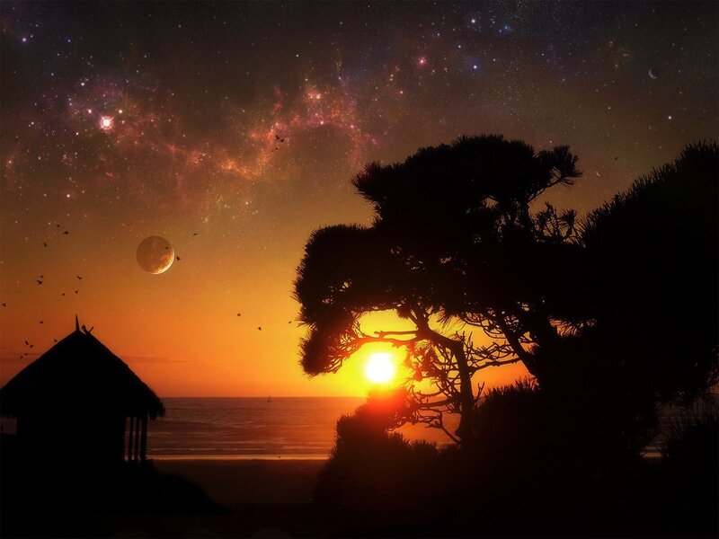 Starry sunset over beach