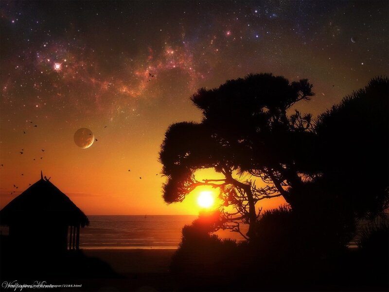 Starry sunset over the beach