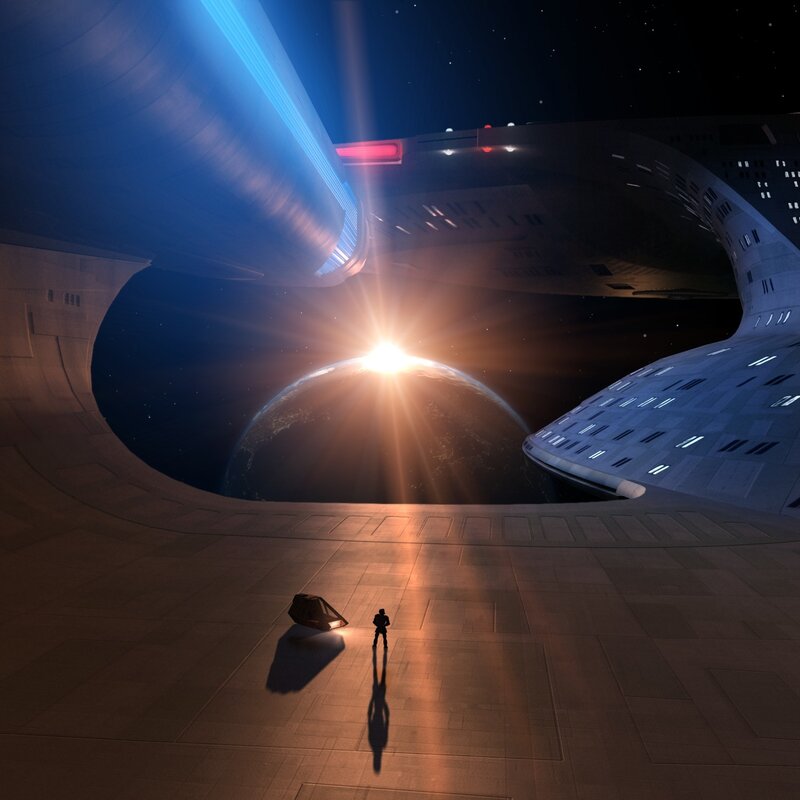 Starship at planetary sunrise