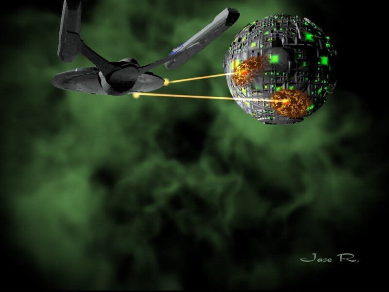 Starship attacking a sphere