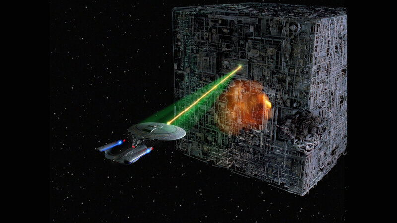 Starship Firing at Cube — Black