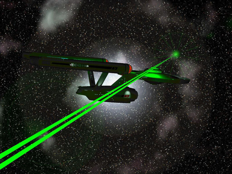 Starship firing green lasers