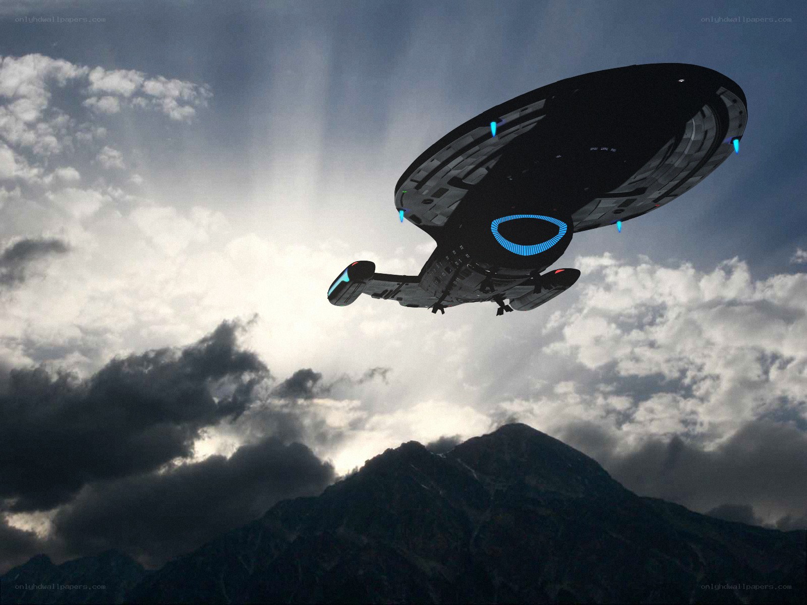 Starship flying over mountains