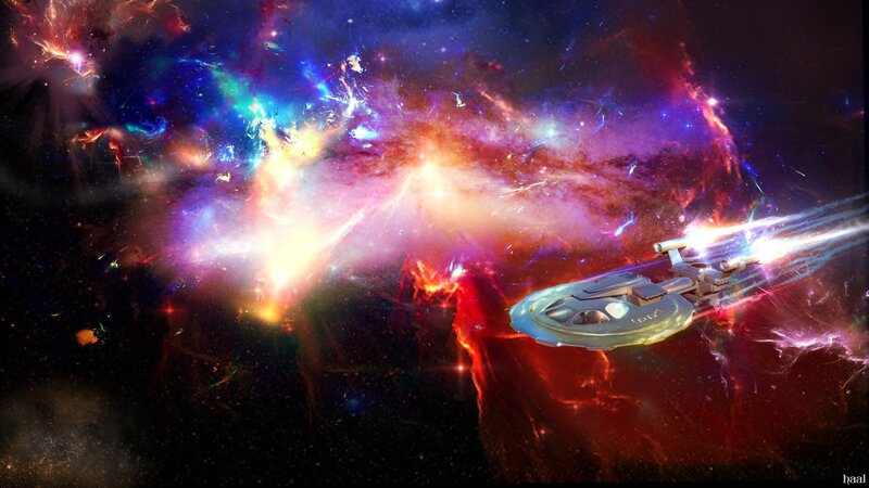 Starship in a colorful nebula