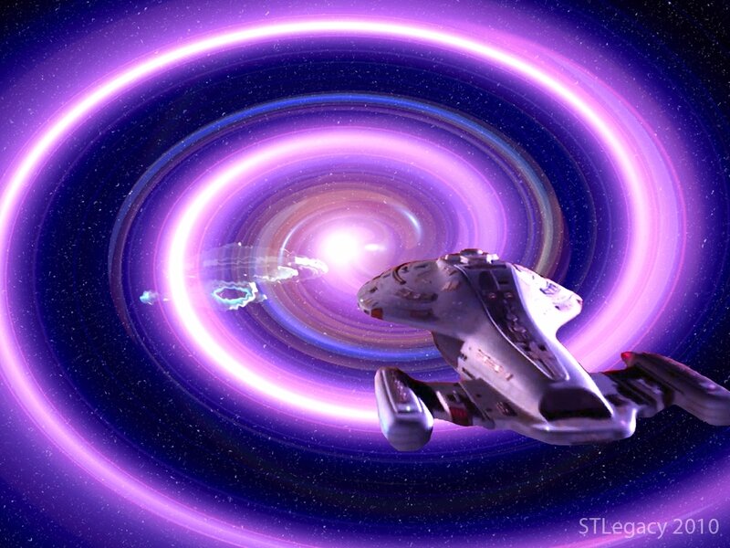 Starship in a purple wormhole