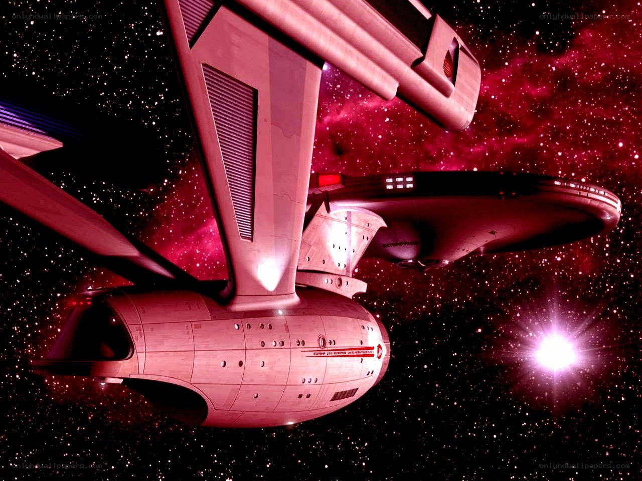 Starship in a red nebula