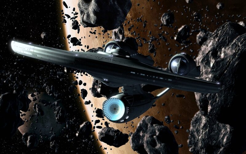 Starship in Asteroid Field — Black, Dramatic