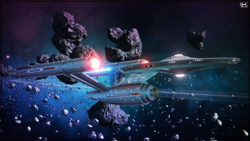 Starship in Asteroid Field — Blue, Dramatic, Night