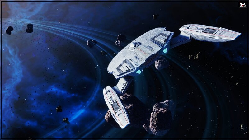 Starship in Asteroid Field — Blue, Dramatic