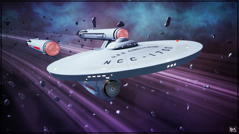 Starship in Asteroid Field — Purple, Dramatic