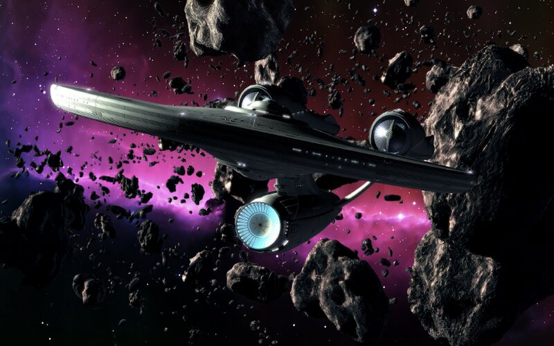 Starship in Asteroid Field — Purple