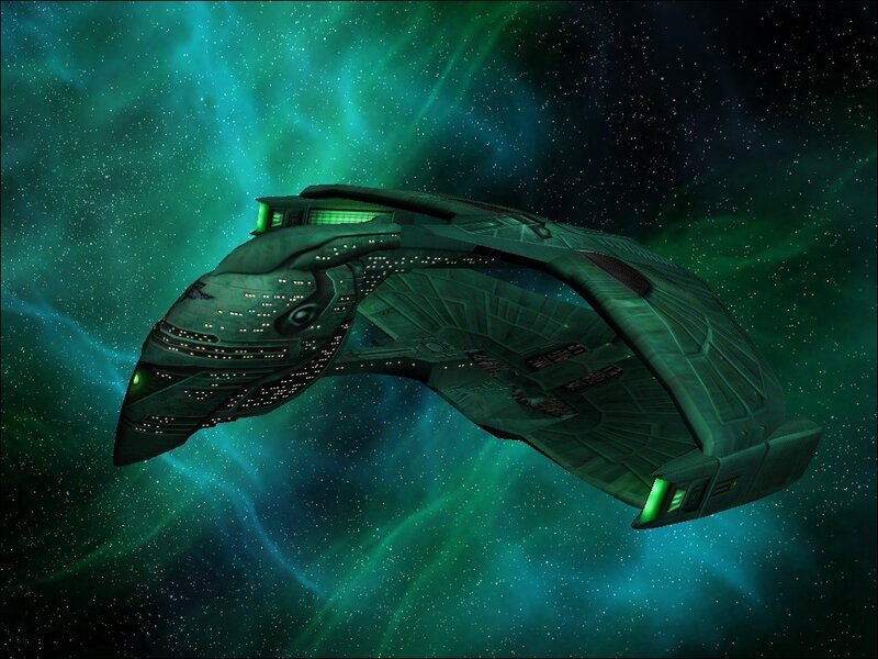 Starship in green nebula