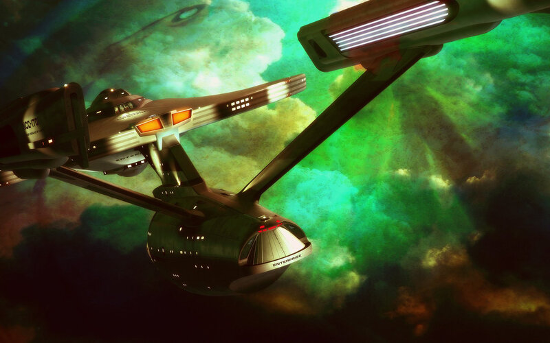 Starship in green nebula