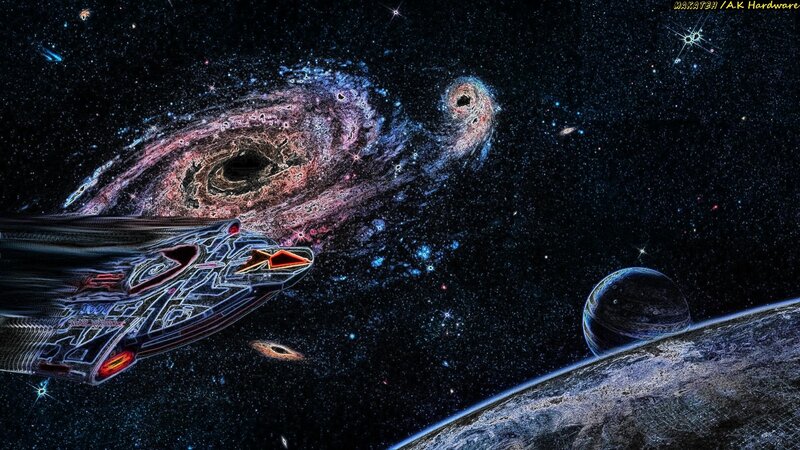 Starship in Space — Black, Dramatic, Night, Digital Art, Galaxy
