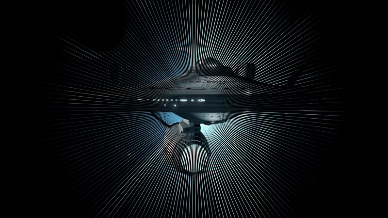 Starship in Space — Black, Dramatic, Night, Digital Art, Light Rays