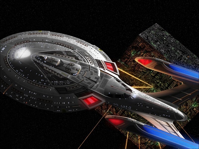 Starship in Space — Black, Dramatic, Night, Digital Art, Space Station, Warp Nacelles