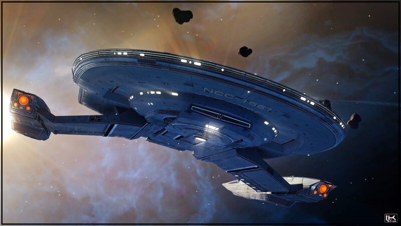 Starship in Space — Blue, Dramatic, Digital Art, Asteroids