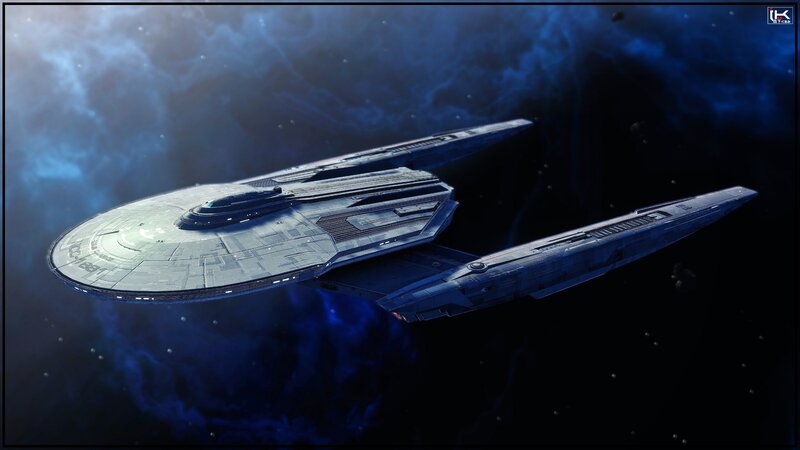 Starship in Space — Blue, Dramatic, Digital Art, Nebula
