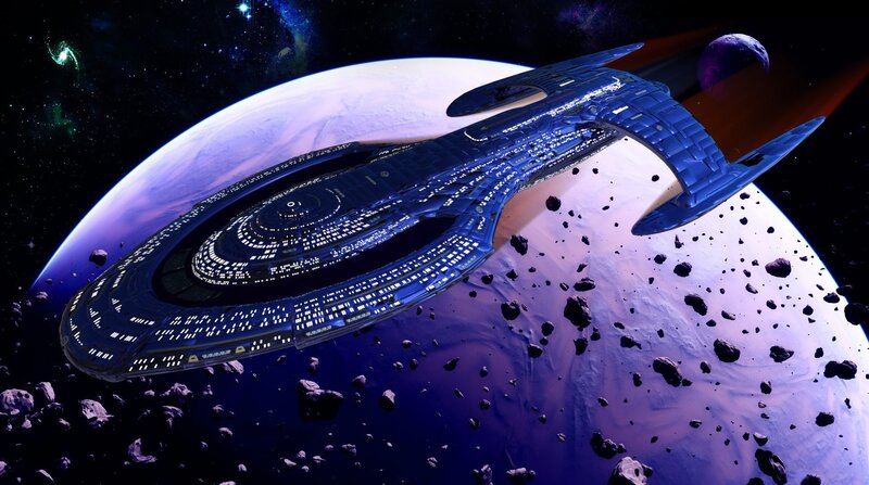 Starship in Space — Blue, Dramatic, Digital Art, Planet, Asteroids, Moon