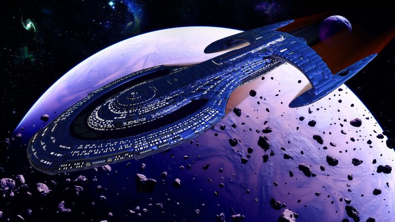 Starship in Space — Blue, Dramatic, Digital Art, Planet, Asteroids