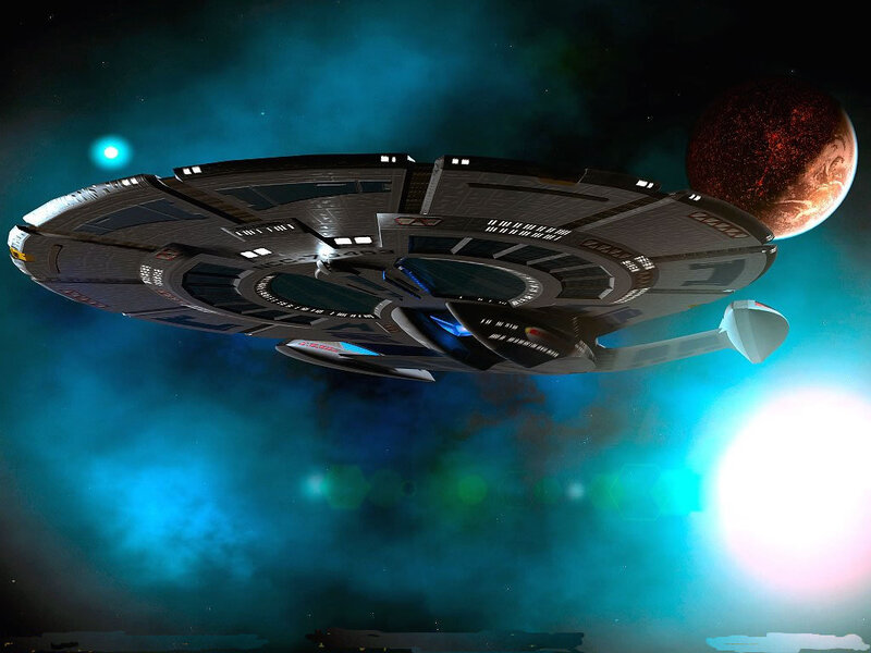Starship in Space — Blue, Dramatic, Digital Art, Planet