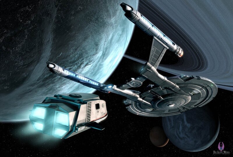 Starship in Space — Blue, Dramatic, Night, Digital Art, Planet, Moon, Rings