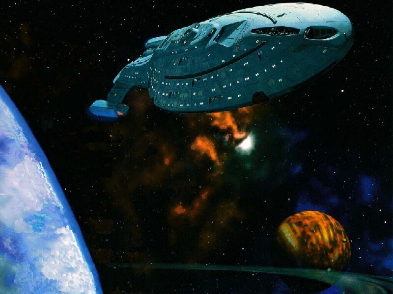 Starship in Space — Blue, Dramatic, Night, Digital Art, Planet, Nebula