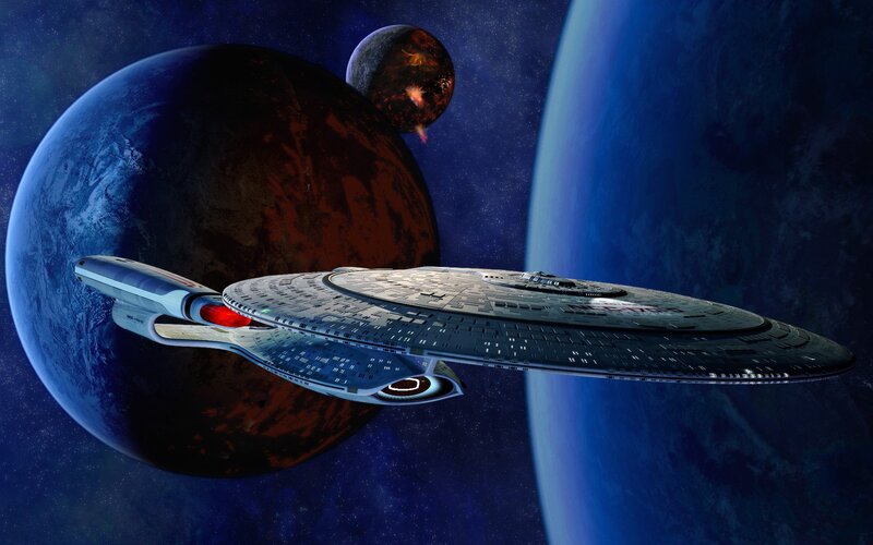 Starship in Space — Blue, Dramatic, Night, Digital Art, Planets