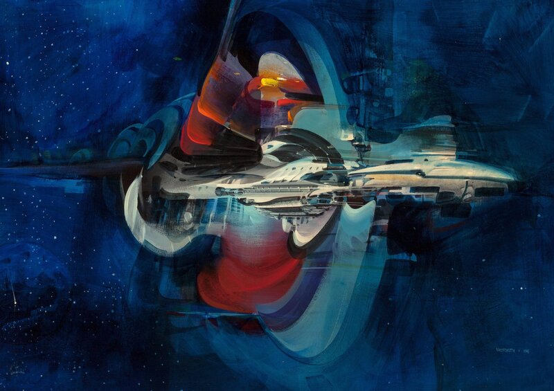 Starship in Space — Blue, Dramatic, Night, Painting