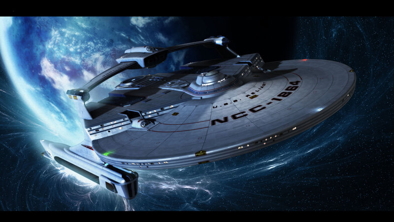 Starship in space near planet