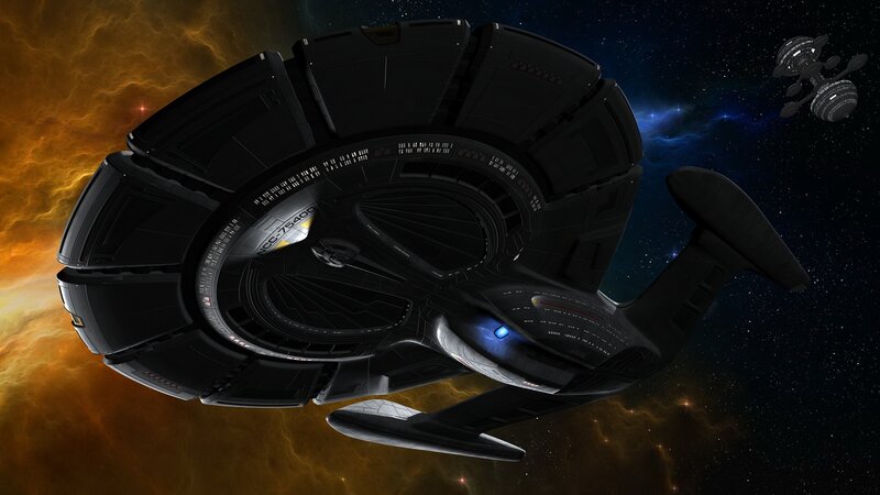 Starship in space nebula