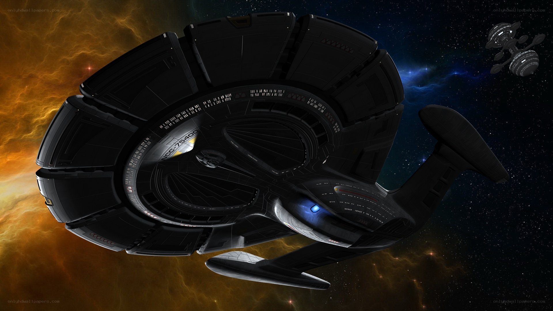 Starship in space nebula