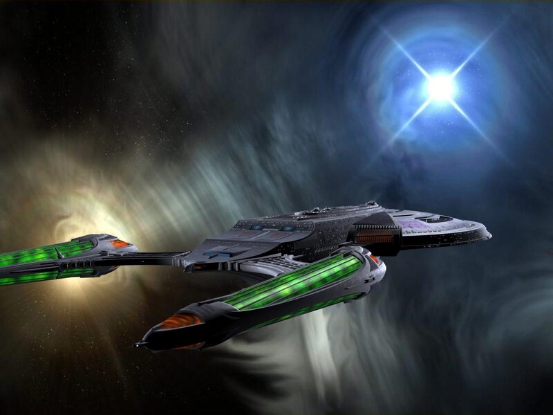 Starship in space nebula
