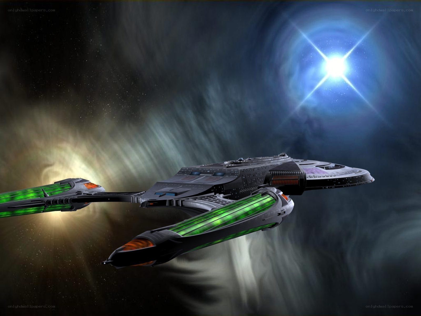 Starship in space nebula