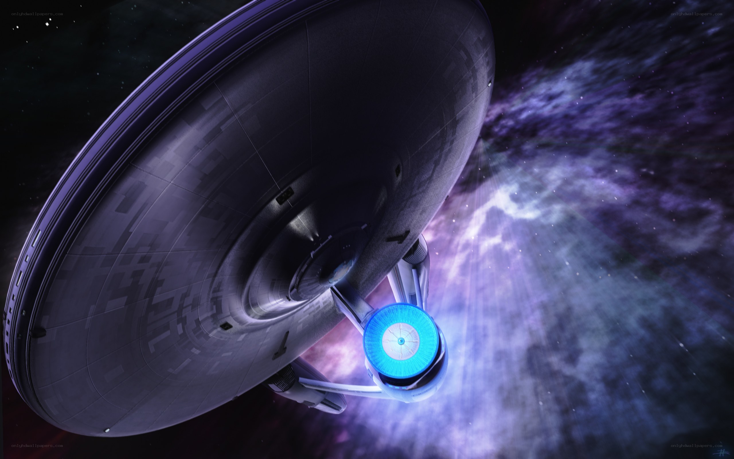 Starship in space nebula