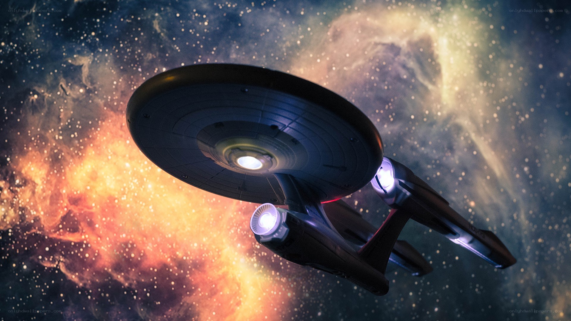 Starship in space nebula