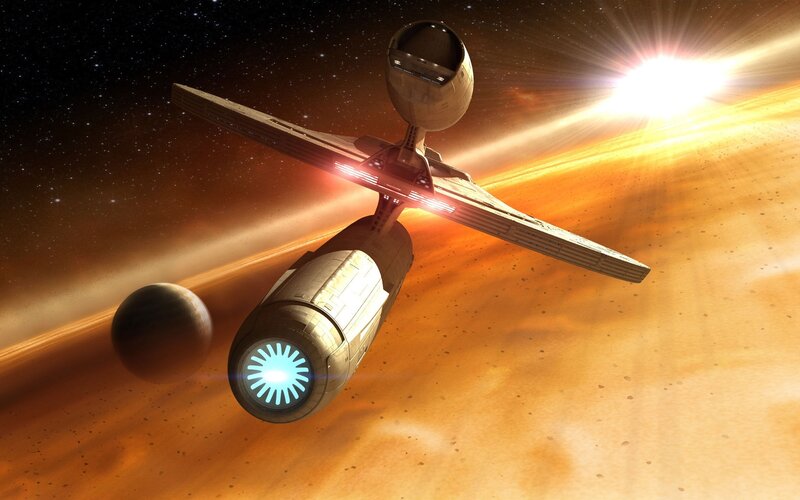 Starship in Space — Orange, Dramatic, Digital Art