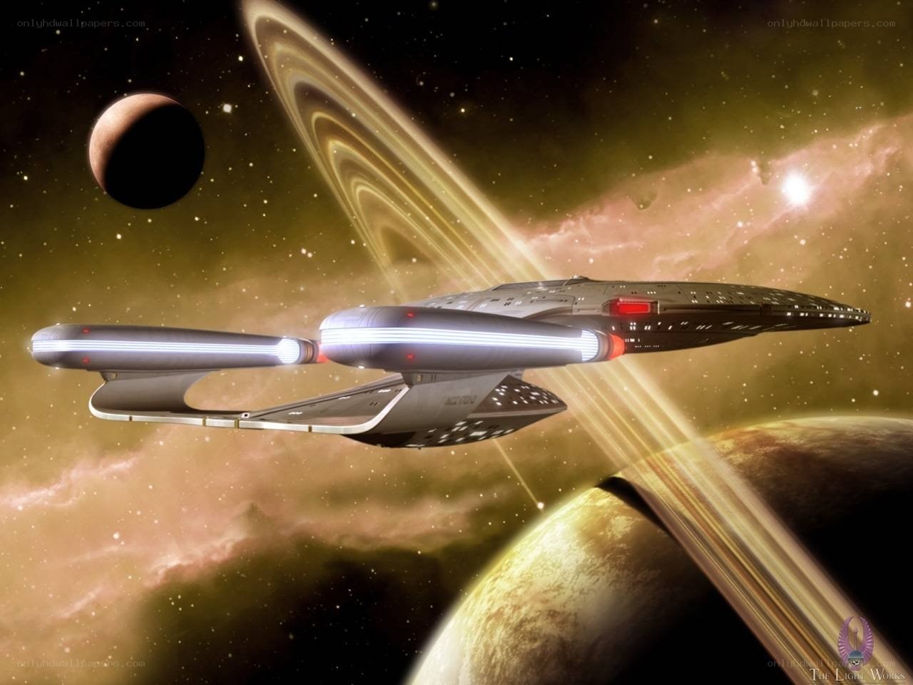 Starship in space with planets