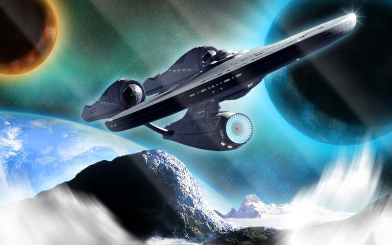 Starship in space with planets