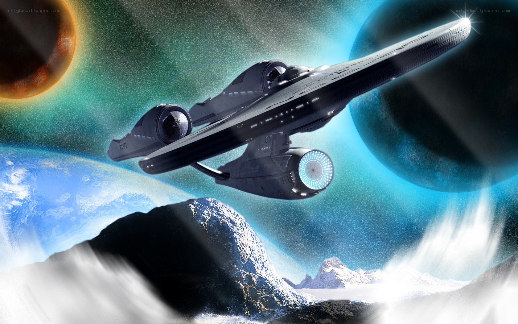 Starship in space with planets