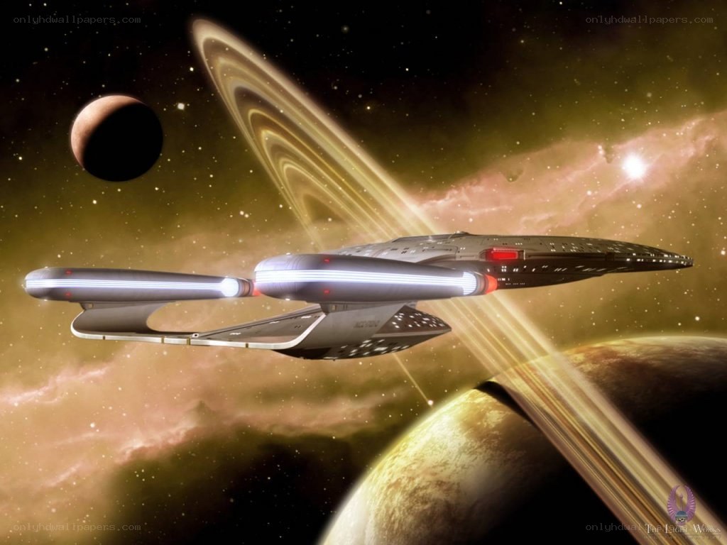 Starship in space with rings