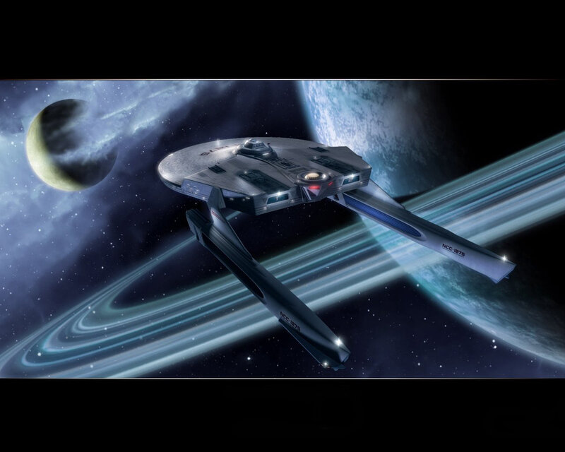 Starship in space with rings