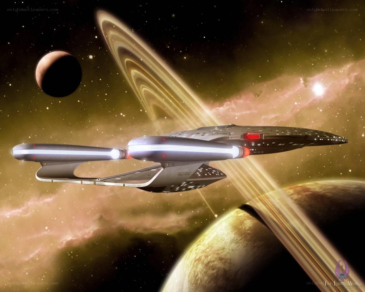 Starship in space with rings