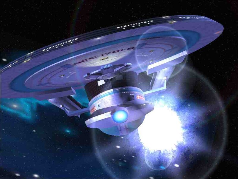 Starship in space with warp drive